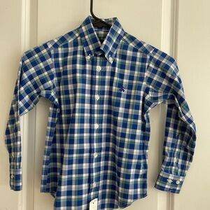 NWT Boys Blue Green and white plaid Button-Down Shirt - non-iron fabric.